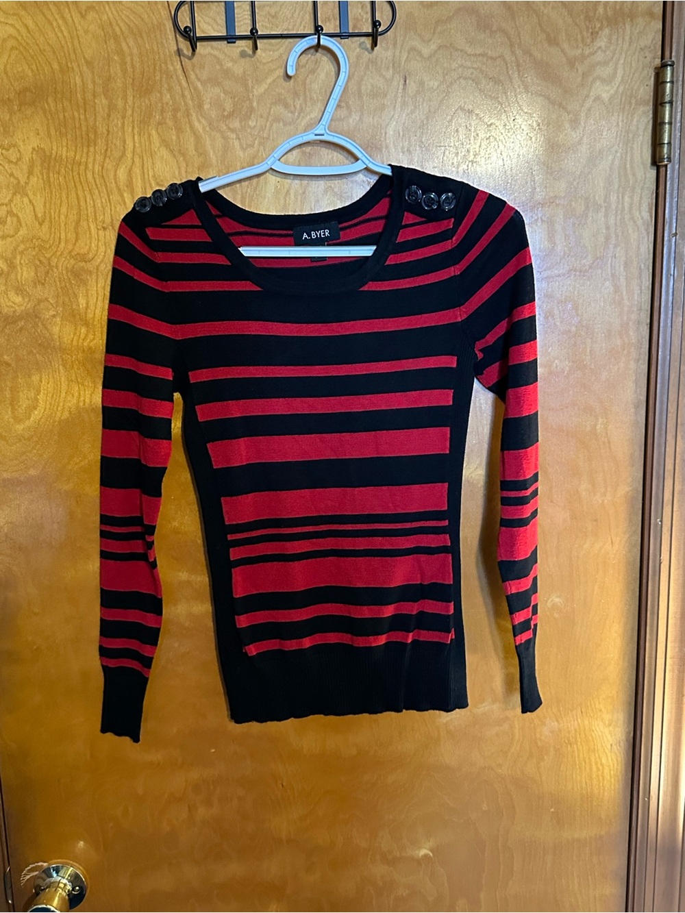 A. Byer Black and Red Striped Long Sleeve Sweater Top with Shoulder Buttons